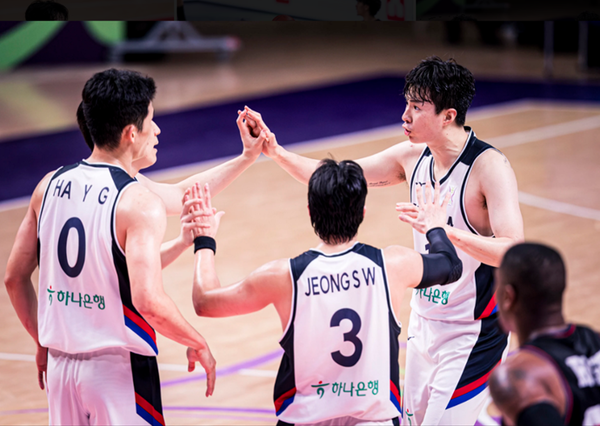 득점에 기뻐하는 한국 남자농구대표팀. /사진=FIBA