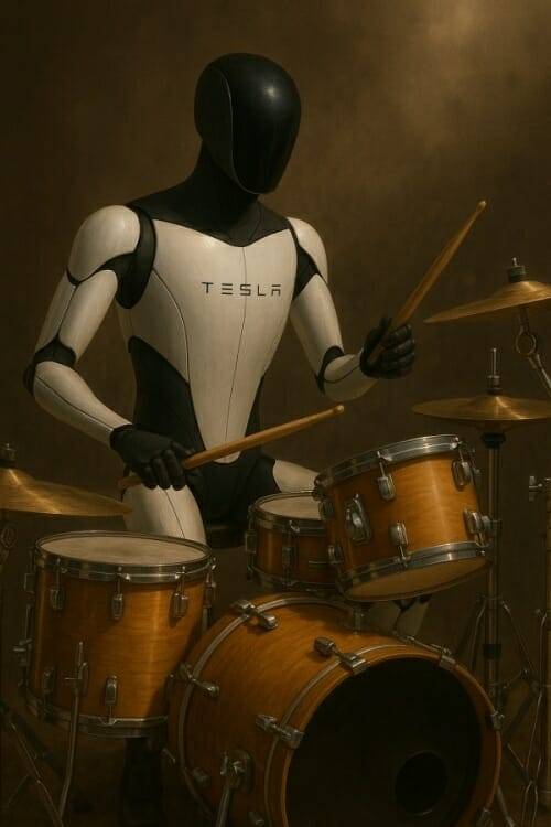 테슬라 옵티머스 로봇이 드럼을 치는 모습을 상상한 모습 (사진=챗GPT로 생성)