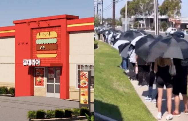 롯데리아 로스앤젤레스(LA) 풀러턴 1호 매장(왼쪽)과 매장 앞 대기 행렬. 미국롯데리아 홈페이지·틱톡