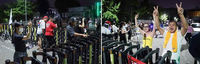 김건희 여사에 대한 구속영장이 발부된 13일 서울 구로구 남부구치소 앞에서 김 여사 지지자와(왼쪽) 구속을 촉구하는 이들이(오른쪽) 손가락 욕설을 주고받으며 대치하고 있다. / 고운호 기자