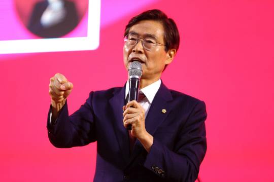 조경태 국민의힘 후보가 13일 배재대학교 충청·호남 합동연설회에서 발언하고 있다. 김영태 기자