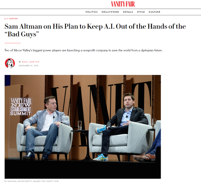 일론 머스크(왼쪽) 테슬라 최고경영자(CEO)와 샘 올트먼 오픈AI CEO가 2015년 12월 오픈AI 설립을 발표한 후 게재된 매니티페어 인터뷰 기사. 배니티페어 홈페이지 캡처
