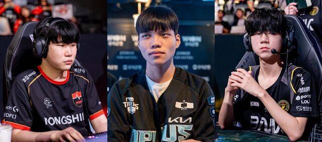 2025 LCK 신인왕에 도전하는 3인방의 경쟁이 치열하다. 왼쪽부터 ‘칼릭스’ 선현빈, ‘시우’ 전시우, ‘디아블’ 남대근. 오는 31일 정규 시즌이 끝난 뒤 한 해 경기력을 토대로 신인왕 수상자가 결정된다. LCK 제공