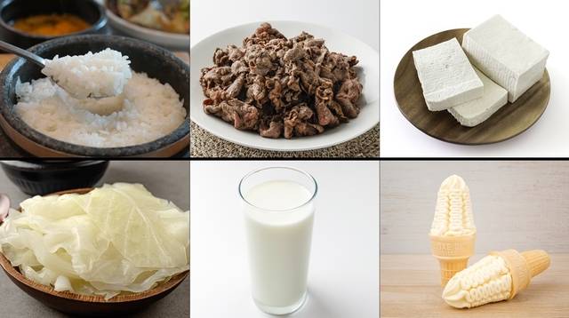 장폐색 예방에 좋은 음식들. 흰쌀밥(윗줄 왼쪽부터 시계 방향으로), 붉은 육류, 두부, 아이스크림, 우유, 양배추 등 익혀 먹기 좋은 채소. 이미지투데이