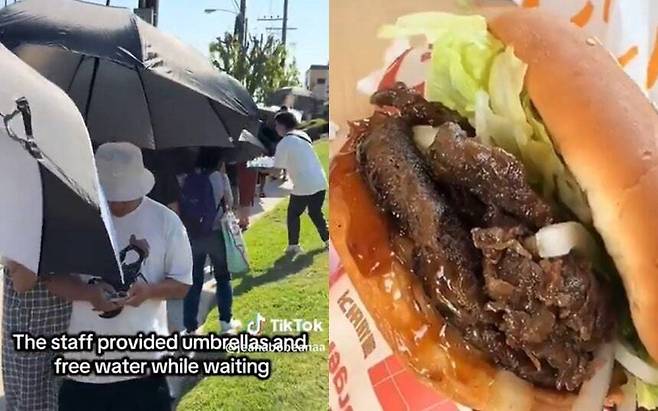 미국 캘리포니아 로스앤젤레스 플러턴에 오픈한 롯데리아 1호점을 방문하려는 손님들이 길게 줄을 서고 있다. 틱톡 갈무리