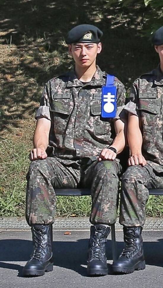 차은우가 푸른색 ‘중대장 훈련병’ 완장을 차고 늠름한 근황을 전했다. 육군훈련소 제공