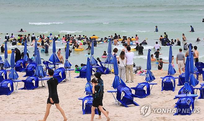 무더위엔 바다가 최고 (제주=연합뉴스) 전지혜 기자 = 일요일인 10일 제주지역이 흐리고 무더운 날씨를 보인 가운데 제주시 조천읍 함덕해수욕장에서 피서객들이 물놀이를 즐기고 있다. 2025.8.10 atoz@yna.co.kr