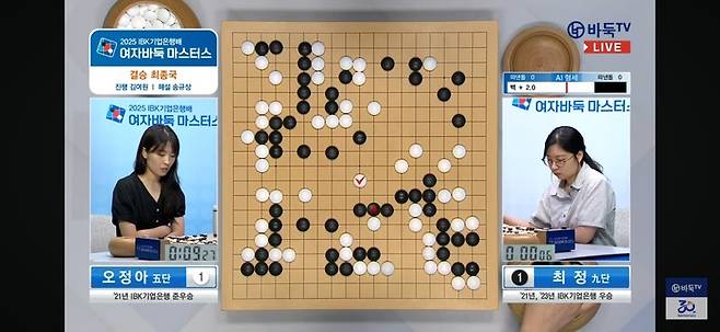 중반 전투가 일단락될 무렵에는 인공지능 승부 예측에서 백이 우세한 것으로 나타났다.(사진 바둑TV 캡처)