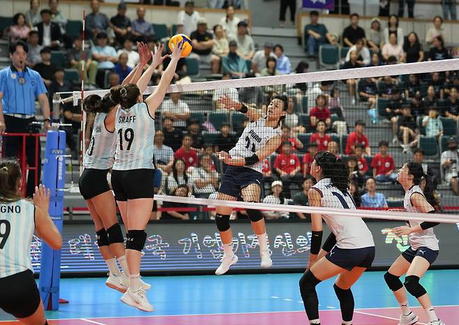 아르헨티나를 상대로 18점을 뽑아낸 문지윤(가운데)(대한배구협회 제공)
