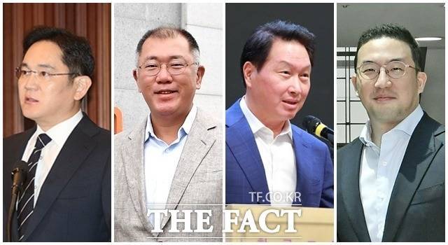 이재용 삼성전자 회장(왼쪽부터), 정의선 현대차그룹 회장, 최태원 SK그룹 회장, 구광모 LG그룹 회장 등 4대 그룹 총수가 오는 25일 열리는 한미 정상회담에 경제사절단으로 동행한다. /더팩트 DB, 각사