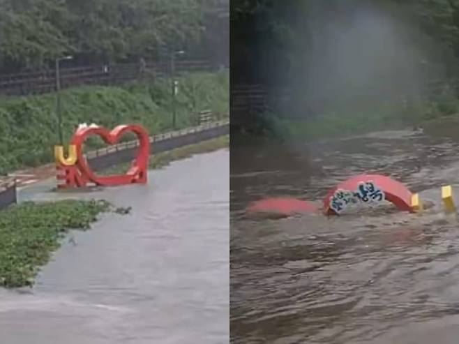 13일 수도권에 시간당 100㎜ 넘는 많은 비가 내린 가운데, 한 네티즌은 "폭우에 서울 강북구 우이천 조형물이 떠내려가는 모습"이라며 영상을 올렸다. /X(옛 트위터) @serinepi