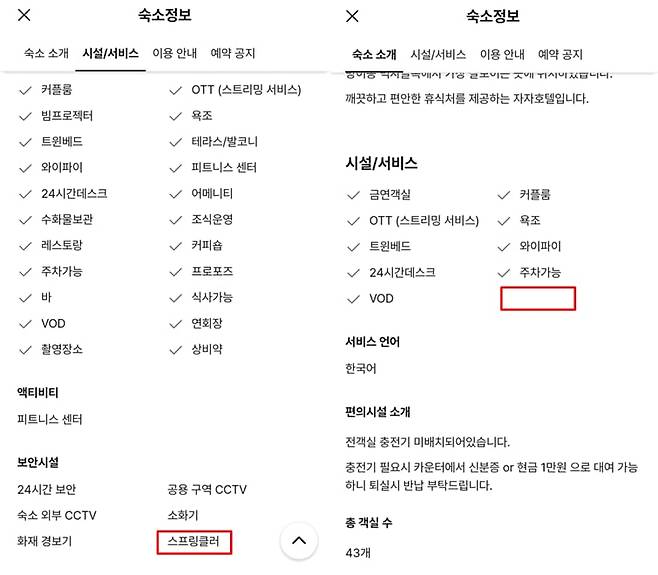국내 숙박 예약 앱 '놀'에 나온 숙박시설 정보. 스프링클러가 있으면 갖추고 있다고 나오지만, 스프링클러가 없다는 내용은 별도로 제공하지 않는다. /놀 캡처