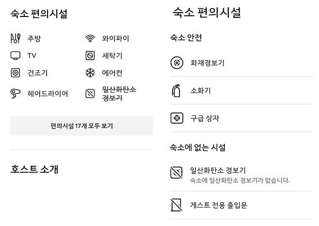 에어비앤비 앱에 서울역 인근 게스트하우스에 어떤 소방 설비가 갖춰져 있는지 표시돼 있다. 일산화탄소 경보기가 없어 취소선이 그어져 있다. /에어비앤비 캡처