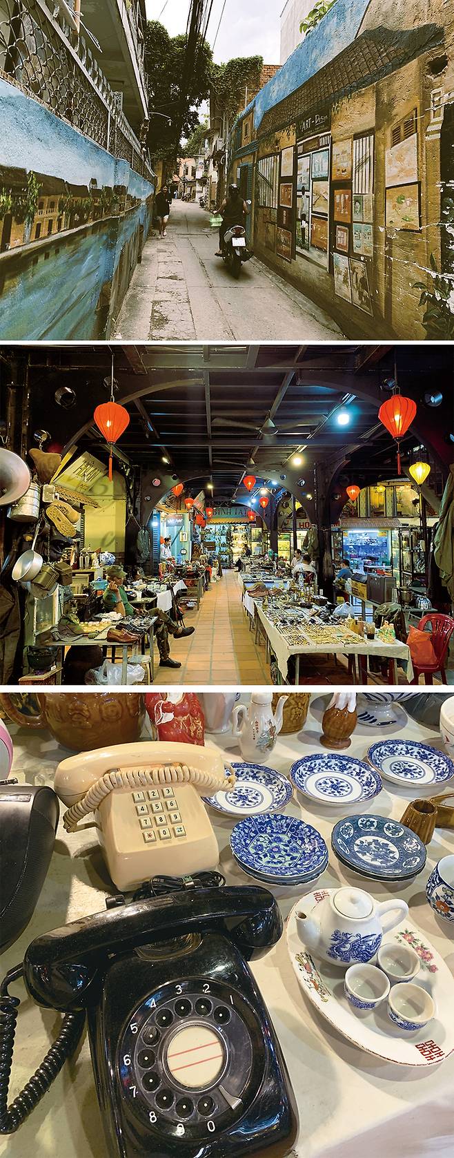 (위에서 부터) 골동품 시장 주변 골목길에 조성된 벽화, 호치민 골동품 시장 전경, 앤티크 소품과 중고 물품이 가득한 골동품 시장