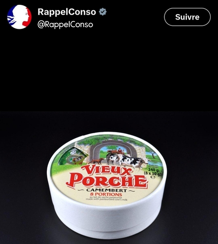 식중독균 오염 가능성으로 회수 조치 대상이 된 치즈 중 한 제품. [프랑스 보건당국 엑스(X·옛 트위터) 캡처]