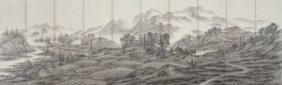 Lee Sangbeom's ink landscape painting ″Returning at Dawn″ (1945) is displayed at the National Museum of Modern and Contemporary Art Deoksugung's new exhibition ″Landscapes of Homeland and Longing,″ in Jongno District, central Seoul. [MMCA Deoksugung]