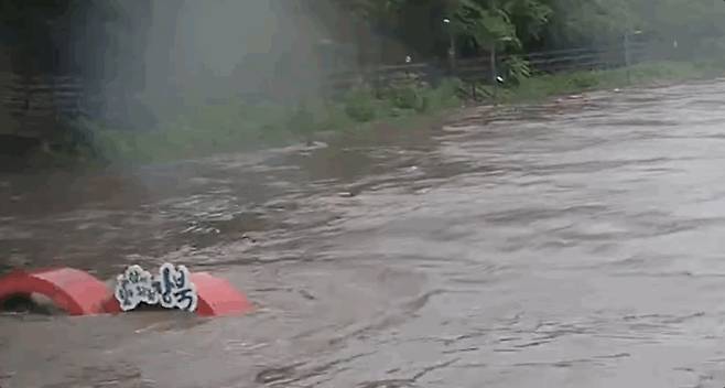 지난 13일 중부지방에 쏟아진 폭우에 서울 강북구 우이천 조형물이 떠내려가고 있다. /사진=SNS 갈무리