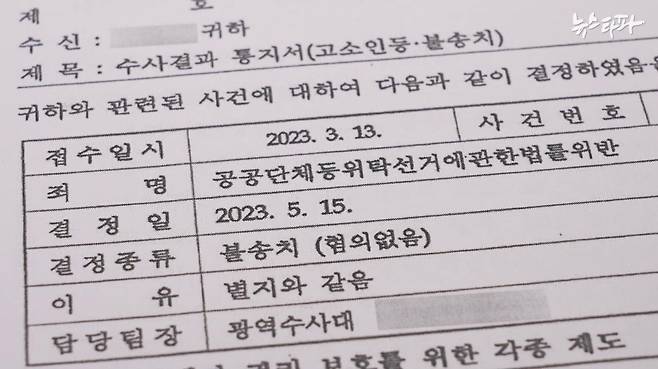 노동진 수협중앙회장의 위탁선거법 위반 혐의에 대한 해경의 불송치 결정서