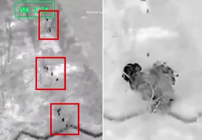 러시아 장갑차에 타고 있던 병사들이 최전선 격전지인 동부 도네츠크주(州) 포크로우스크 전선을 향해 진격하던 중 우크라이나군의 공격을 받는 모습. 우크라이나 국가방위군 제공