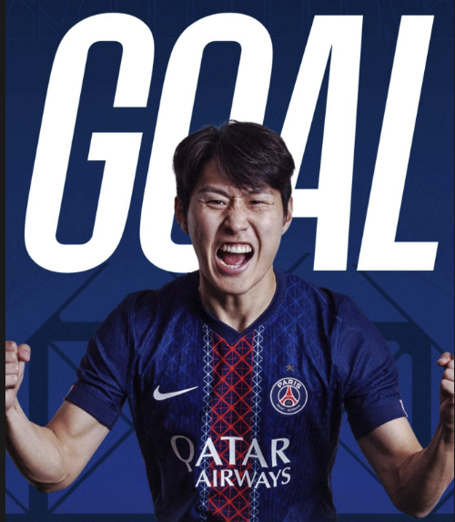 해당 사진으로 이강인의 동점골 소식을 전한 PSG.  PSG 공식 SNS 캡처