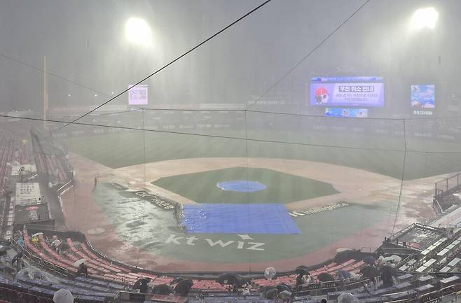 ▲ 13일 경기를 앞두고 내린 폭우로 물바다가 된 수원케이티위즈파크 ⓒ연합뉴스