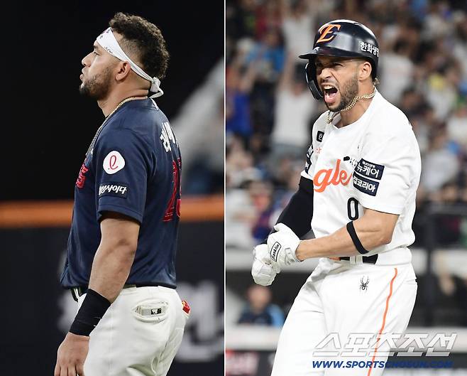 14일 대전 한화생명 볼파크에서 열린 한화와 롯데의 경기. 1회에 이어 4회에도 병살타를 날린 롯데 레이예스(왼쪽). 9회말 결정적인 동점 솔로홈런을 날린 한화 리베라토. 대전=송정헌 기자songs@sportschosun.com/2025.08.14/