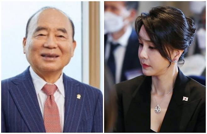 이봉관 서희건설 회장과 김건희 여사. 지난 2022년 6월 스페인 마드리드에서 열린 북대서양조약기구(나토) 정상회의 순방 당시 김건희 여사가 서희건설 측으로부터 받은 것으로 추정되는 6000만원대 반클리프앤아펠 목걸이(작은 사진)를 착용하고 있다./뉴시스