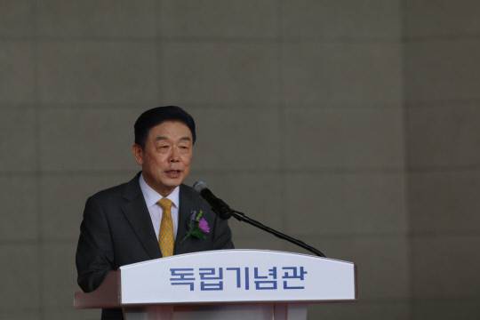 15일 김형석 독립기념관장이 제80주년 광복절 경축식에서 기념사를 하고 있다.윤평호 기자
