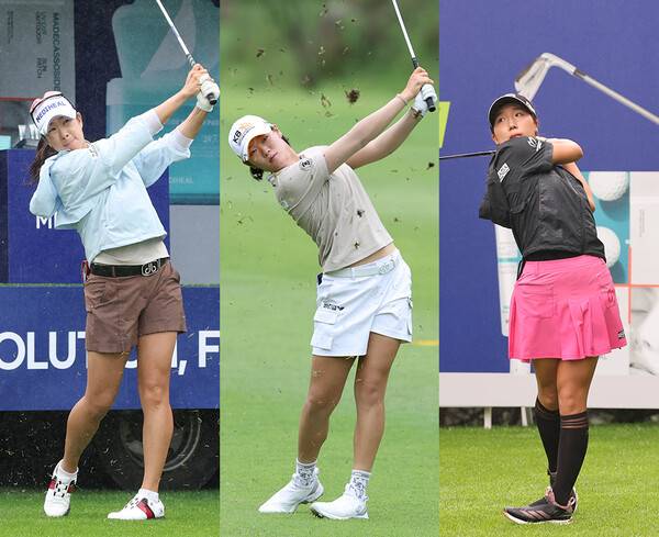 2025년 한국여자프로골프(KLPGA) 투어 메디힐·한국일보 챔피언십에 출전한 김아림, 방신실, 이동은 프로가 1라운드에서 경기하는 모습이다. 사진제공=KLPGA (사진을 무단으로 사용하지 마십시오.)