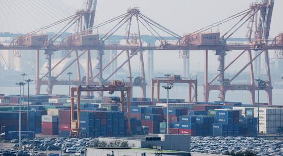 경기 평택시 포승읍 평택항 수출 야적장에 컨테이너들이 쌓여있다. [사진 = 뉴스1]