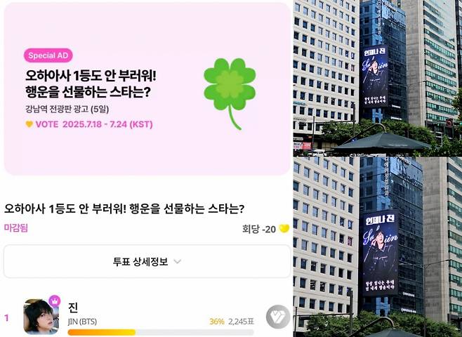 '행운을 선물하는 스타' 방탄소년단 진, 마이원픽 'K팝 개인부문' 76주 연속 1위