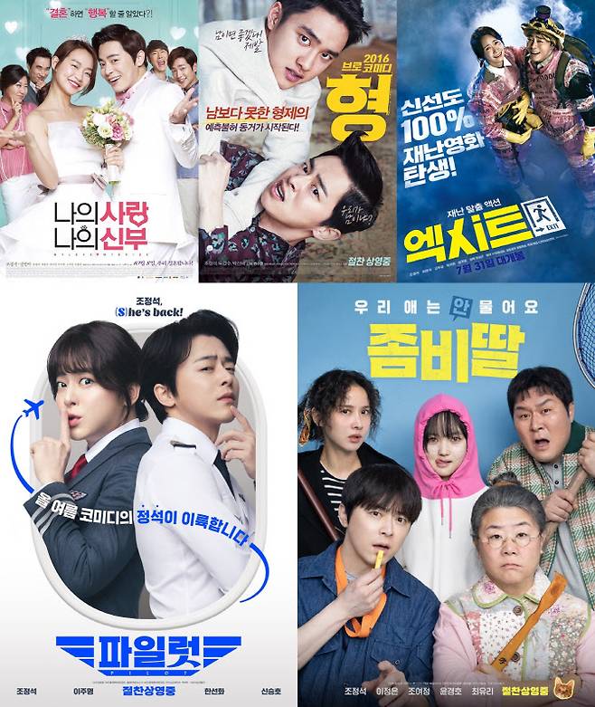 조정석이 주연을 맡은 영화 ‘나의 사랑 나의 신부’, ‘형’, ‘엑시트’, ‘파일럿’, ‘좀비딸’ 포스터.