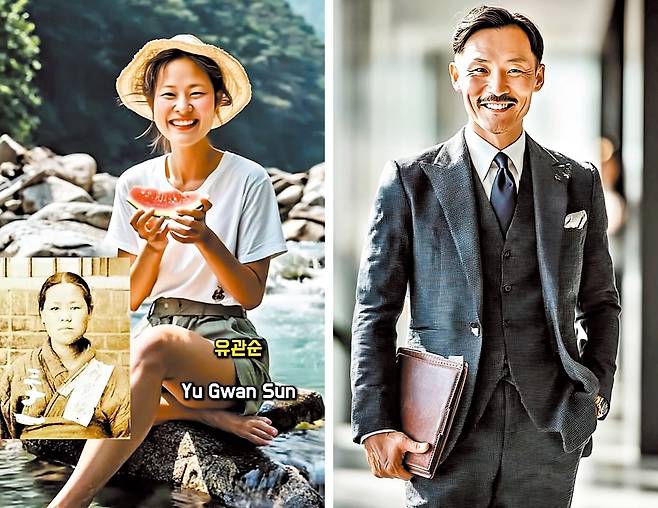 생성형 AI를 활용해 만든 ‘여름휴가 간 유관순 열사’와 ‘외교관이 된 안창호’의 모습. /유튜브 쏠리즘