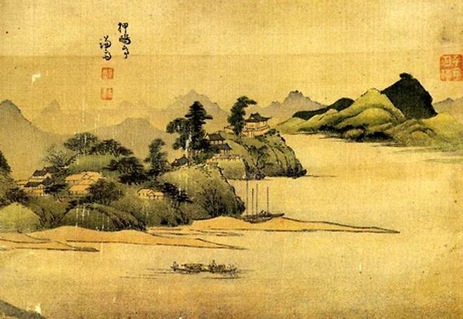 겸재 정선의 화첩 ‘경교명승첩’에 수록된 압구정. 가운데 언덕 위 기와집이 한명회가 만든 정자 압구정이다. 간송미술문화재단 제공