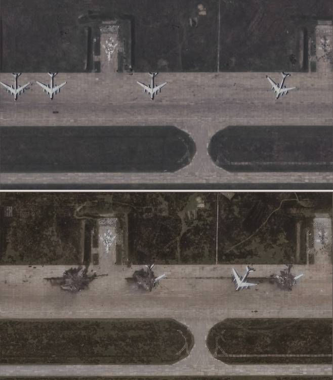 2025년 6월 1일 우크라이나군이 자폭 드론 117대를 이용해 러시아 서부의 공군기지 4곳에서 총 41대의 전투기를 파괴하기 전(위)과 후(아래)의 모습. 적진에 군인이 침투해야 하는 희생 없이 드론만으로도 상대에게 큰 피해를 입힌 해당 작전은 드론이 현대전의 핵심 전력임을 입증했다. 연합뉴스 제공