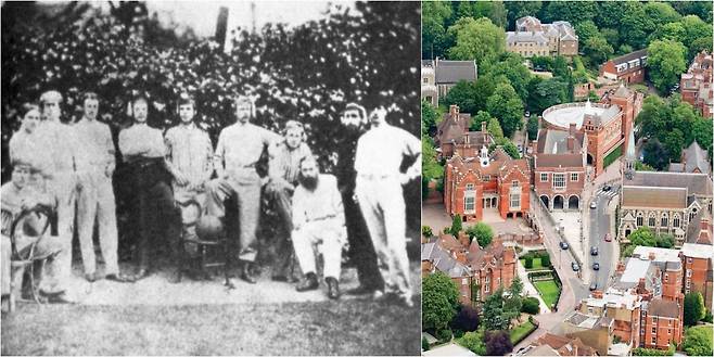 왼쪽은 원더러스의 전신인 Forest FC 팀원들의 사진. 오른쪽은 런던에 위치한 해로우 스쿨의 전경. 퍼블릭 도메인, 학교 홈페이지