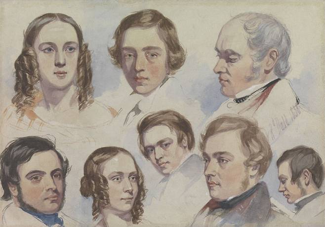 리처드 대드가 그린 가족의 초상화(1838). 왕립 아카데미 학교에 재학중이던 스물 한 살 때 그린 작품이다. 아버지(오른쪽 위)를 비롯해 형제자매들의 초상화, 자화상(위쪽 가운데)이 포함돼 있다. 제정신이던 시절의 그는 아버지와 사이가 매우 좋았고, 아버지를 무척이나 존경했다고 한다. /예일대 영국미술센터