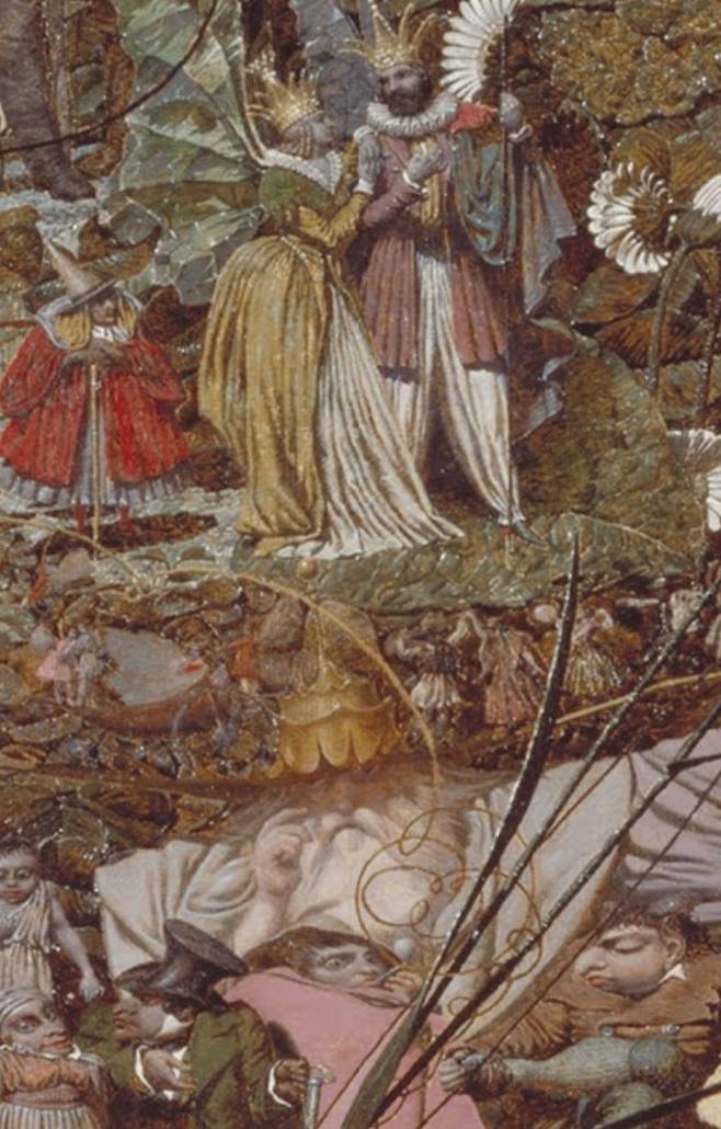 나무꾼 다음으로 작품에서 중요한 부분은 이곳이다. 아랫부분에는 세 겹의 왕관을 쓴 대주교가 나무꾼에게 신호를 줄 준비를 하고 있다. 오른쪽 자신의 신발을 들여다보는 인물을 비롯해 다양한 인물들이 크기와 각도가 왜곡된 채로 그려져 있다. 이런 왜곡 역시 정신질환의 영향으로 추정된다. 위에 있는 왕관을 쓴 인물들은 요정 여왕 티타니아와 요정 왕 오베론이다.