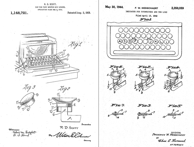 왼쪽은 리처드 D. 스콧이 1915년 출원한 미국 특허 US1148721A. 타자기 키캡(Cap for type-writer key-levers), 오른쪽은 프레데릭 W. 메스하르트의 호밍 돌기 특허. 호밍 돌기가 없는 기존 타자기에 별도로 부착할 수 있는 형태로 만들었다.  [사진 출처=구글 특허]