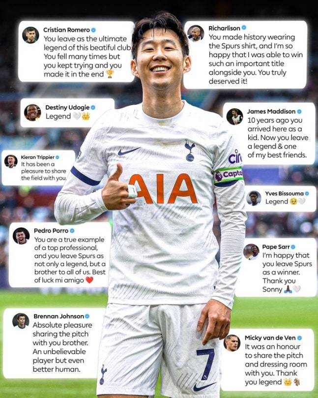 손흥민에 작별 인사를 남긴 선수들. 프리미어리그 SNS