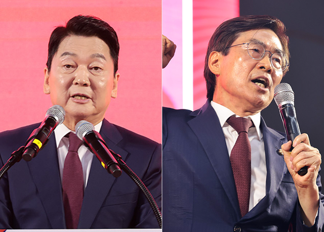 지난 8월13일 충북 청주 오스코에서 열린 국민의힘 8·22 전당대회 충청·호남권 합동연설회에서 반(反)극우 개혁파 당대표 후보인 안철수(왼쪽부터)·조경태 의원이 각각 연설하고 있다.<국민의힘 홈페이지 사진 갈무리>