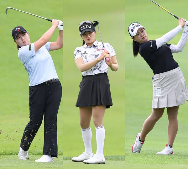 2025년 한국여자프로골프(KLPGA) 투어 메디힐·한국일보 챔피언십 우승 경쟁에 뛰어든 홍정민, 노승희, 지한솔 프로가 이번 대회에서 경기하는 모습이다. 사진제공=KLPGA (사진을 무단으로 사용하지 마십시오.)
