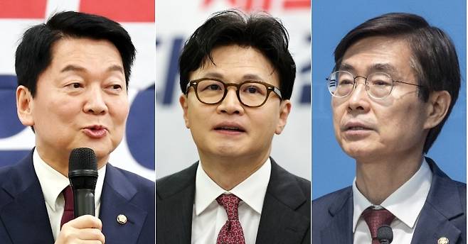 국민의힘 당대표 선거에 출마한 안철수(왼쪽)·조경태(오른쪽) 후보와 한동훈 전 국민의힘 대표(가운데). 연합뉴스