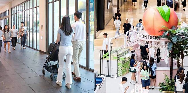 지하주차장은 물론 층별 폴딩도어를 갖춘 현대프리미엄아울렛에서 소비자들이 이동하고 있다(왼쪽 사진). 소비자들이 스타필드하남의 시원한 실내에서 쇼핑을 즐기고 있다.  현대백화점·신세계 제공
