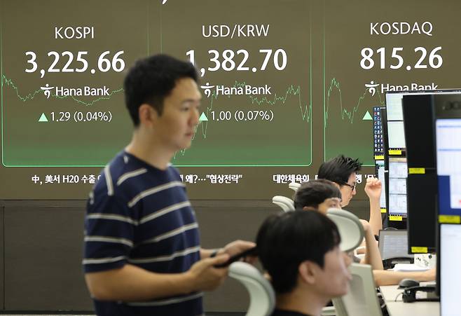 코스피가 1.29포인트(0.04%) 오른 3225.66에 장을 마감한 14일 서울 중구 하나은행 본점 딜링룸에서 딜러들이 대화하고 있다. [연합]