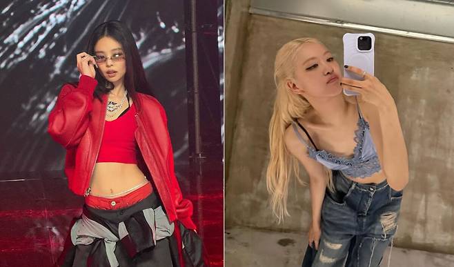 걸그룹 블랙핑크 제니와 로제가 새깅 패션으로 연출한 모습. 인스타그램 갈무리