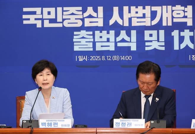 발언하는 백혜련 위원장 - 12일 서울 여의도 국회에서 열린 더불어민주당 국민중심 사법개혁특별위원회 출범식 및 1차 회의에서 특위 위원장을 맡은 백혜련 의원이 발언하고 있다.  연합뉴스