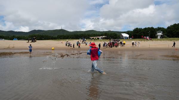주섬주섬 음악회 '맨손대하잡이' 시작 전 해변에 마련된 가두리에 새우가 뿌려지고 있다. 2025.8.16 [경인방송DB]