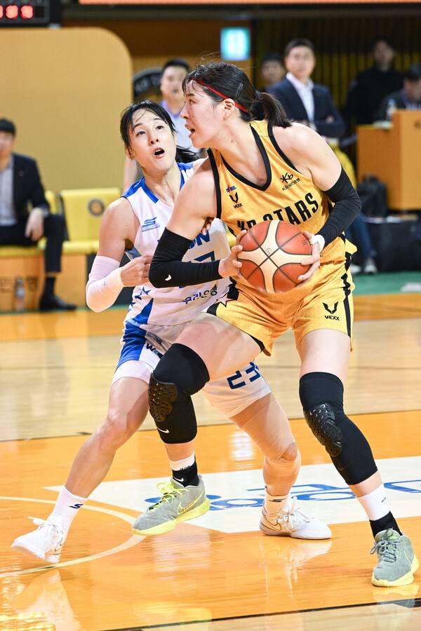 국민은행 박지수를 상대하고 있는 김단비. 사진 | WKBL