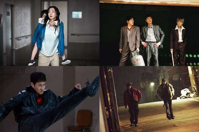 왼쪽 위부터 시계방향으로 김병우 ‘대홍수’, 라희찬 ‘보스’, 정우·오성호 ‘짱구’, 이환 ‘프로젝트 Y’ 스틸컷.